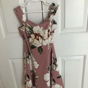 pink floral dress with off the shoulder sleeves